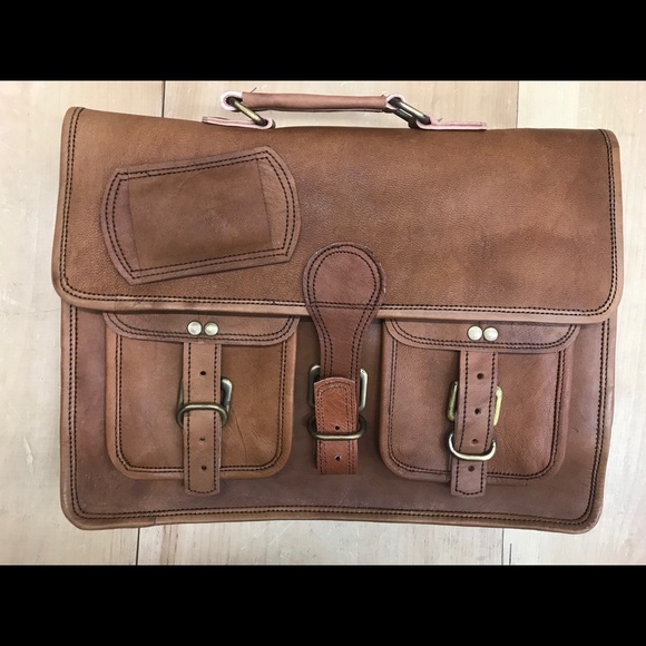 Skh leather laptop Briefcase d/orange/br,NWT - Picture 2 of 8